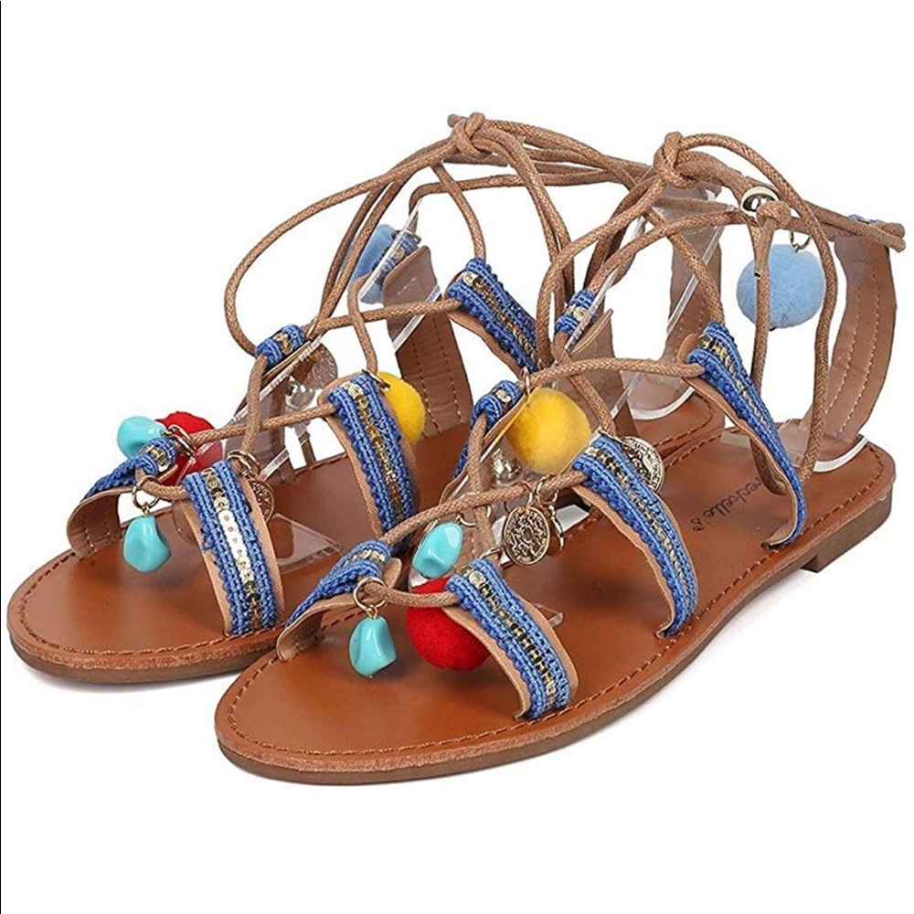 Breckelle's | Women's Dangling Charms & Pom Pom Gladiator Sandal | 7.5